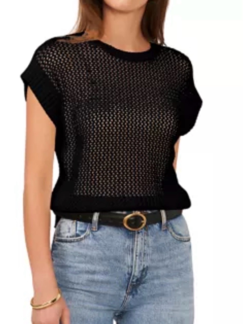 Vince Camuto Black Open-Knit Short Sleeve Sweater. 2494